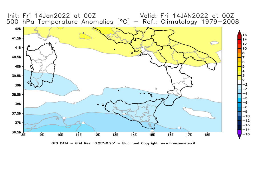 Mappa di analisi GFS - Anomalia Temperatura [°C] a 500 hPa in Sud-Italia
							del 14/01/2022 00 <!--googleoff: index-->UTC<!--googleon: index-->