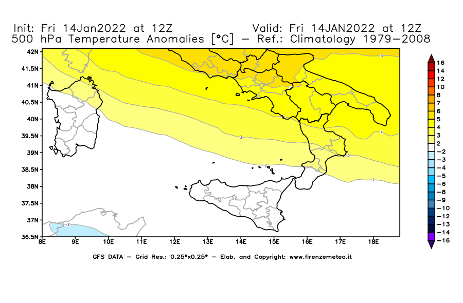 Mappa di analisi GFS - Anomalia Temperatura [°C] a 500 hPa in Sud-Italia
							del 14/01/2022 12 <!--googleoff: index-->UTC<!--googleon: index-->