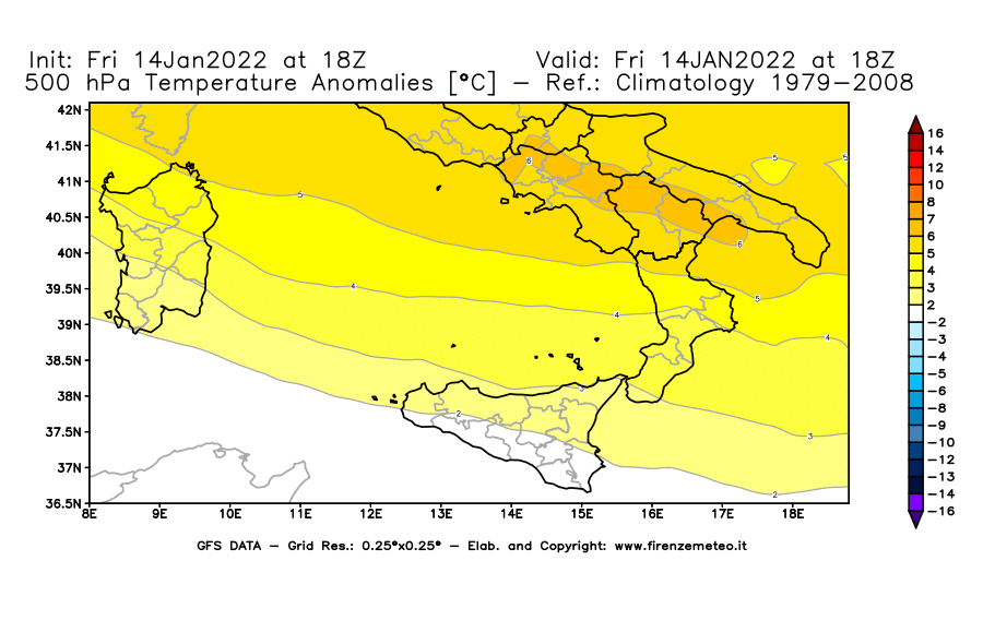 Mappa di analisi GFS - Anomalia Temperatura [°C] a 500 hPa in Sud-Italia
							del 14/01/2022 18 <!--googleoff: index-->UTC<!--googleon: index-->