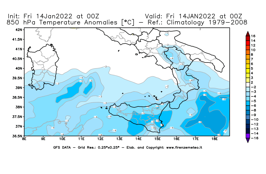 Mappa di analisi GFS - Anomalia Temperatura [°C] a 850 hPa in Sud-Italia
							del 14/01/2022 00 <!--googleoff: index-->UTC<!--googleon: index-->