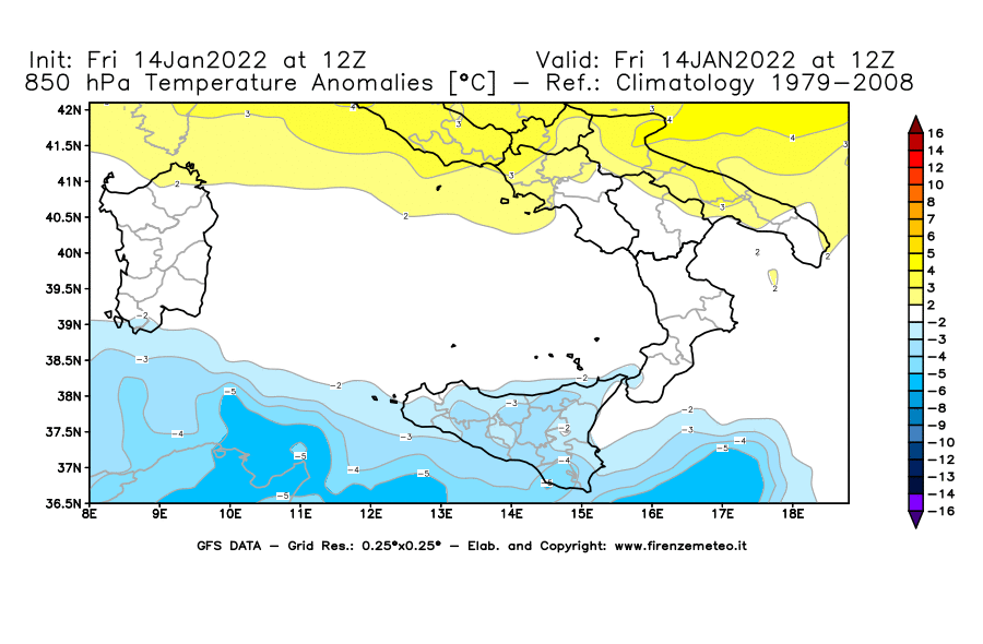Mappa di analisi GFS - Anomalia Temperatura [°C] a 850 hPa in Sud-Italia
							del 14/01/2022 12 <!--googleoff: index-->UTC<!--googleon: index-->
