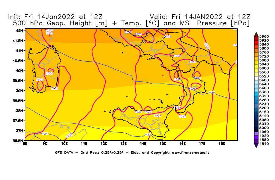 Mappa di analisi GFS - Geopotenziale [m] + Temp. [°C] a 500 hPa + Press. a livello del mare [hPa] in Sud-Italia
							del 14/01/2022 12 <!--googleoff: index-->UTC<!--googleon: index-->