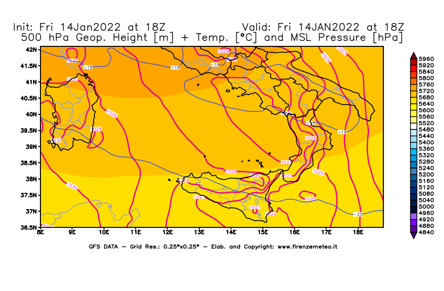 Mappa di analisi GFS - Geopotenziale [m] + Temp. [°C] a 500 hPa + Press. a livello del mare [hPa] in Sud-Italia
							del 14/01/2022 18 <!--googleoff: index-->UTC<!--googleon: index-->