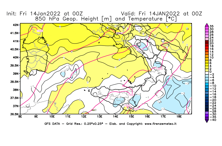 Mappa di analisi GFS - Geopotenziale [m] e Temperatura [°C] a 850 hPa in Sud-Italia
							del 14/01/2022 00 <!--googleoff: index-->UTC<!--googleon: index-->