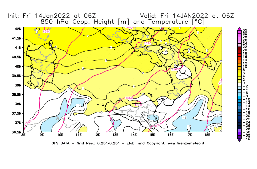 Mappa di analisi GFS - Geopotenziale [m] e Temperatura [°C] a 850 hPa in Sud-Italia
							del 14/01/2022 06 <!--googleoff: index-->UTC<!--googleon: index-->