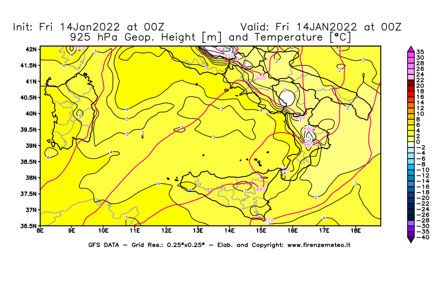 Mappa di analisi GFS - Geopotenziale [m] e Temperatura [°C] a 925 hPa in Sud-Italia
							del 14/01/2022 00 <!--googleoff: index-->UTC<!--googleon: index-->