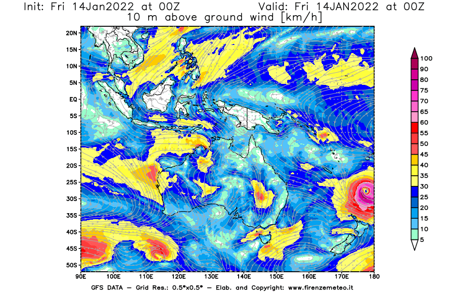 Mappa di analisi GFS - Velocità del vento a 10 metri dal suolo [km/h] in Oceania
							del 14/01/2022 00 <!--googleoff: index-->UTC<!--googleon: index-->