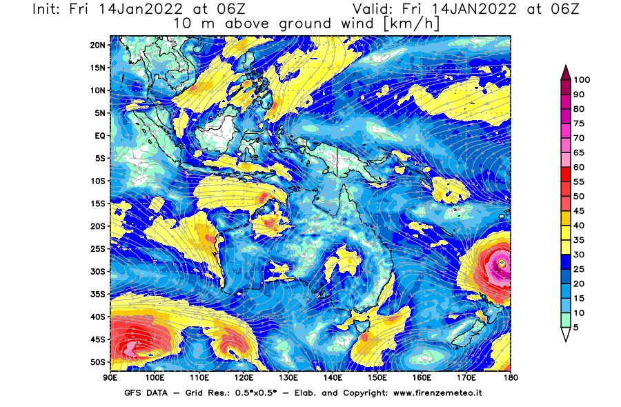 Mappa di analisi GFS - Velocità del vento a 10 metri dal suolo [km/h] in Oceania
							del 14/01/2022 06 <!--googleoff: index-->UTC<!--googleon: index-->