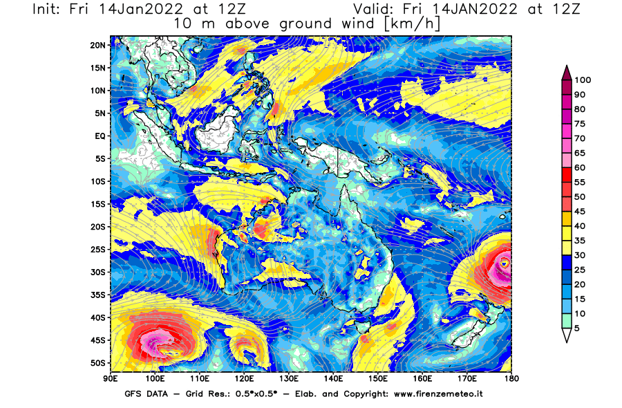 Mappa di analisi GFS - Velocità del vento a 10 metri dal suolo [km/h] in Oceania
							del 14/01/2022 12 <!--googleoff: index-->UTC<!--googleon: index-->