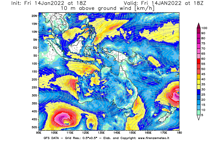 Mappa di analisi GFS - Velocità del vento a 10 metri dal suolo [km/h] in Oceania
							del 14/01/2022 18 <!--googleoff: index-->UTC<!--googleon: index-->