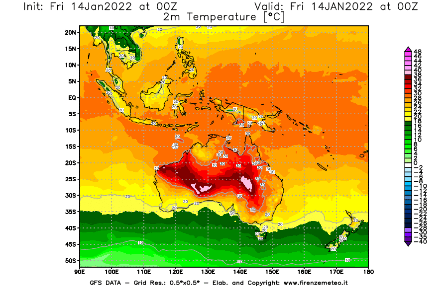 Mappa di analisi GFS - Temperatura a 2 metri dal suolo [°C] in Oceania
							del 14/01/2022 00 <!--googleoff: index-->UTC<!--googleon: index-->