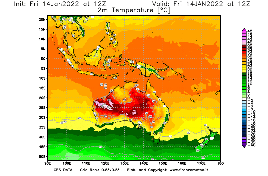 Mappa di analisi GFS - Temperatura a 2 metri dal suolo [°C] in Oceania
							del 14/01/2022 12 <!--googleoff: index-->UTC<!--googleon: index-->