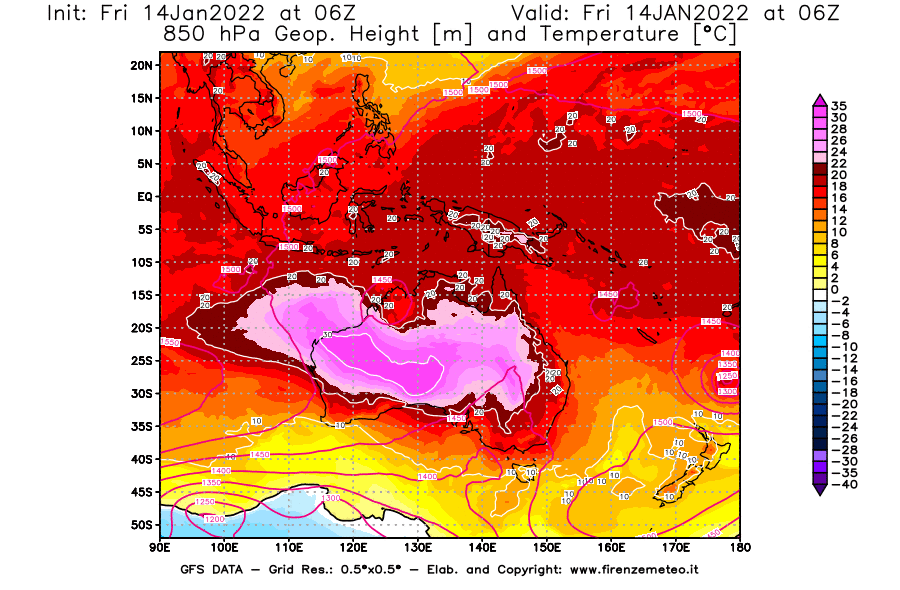 Mappa di analisi GFS - Geopotenziale [m] e Temperatura [°C] a 850 hPa in Oceania
							del 14/01/2022 06 <!--googleoff: index-->UTC<!--googleon: index-->