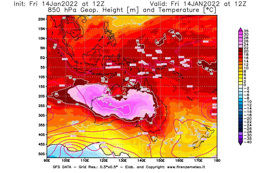 Mappa di analisi GFS - Geopotenziale [m] e Temperatura [°C] a 850 hPa in Oceania
							del 14/01/2022 12 <!--googleoff: index-->UTC<!--googleon: index-->