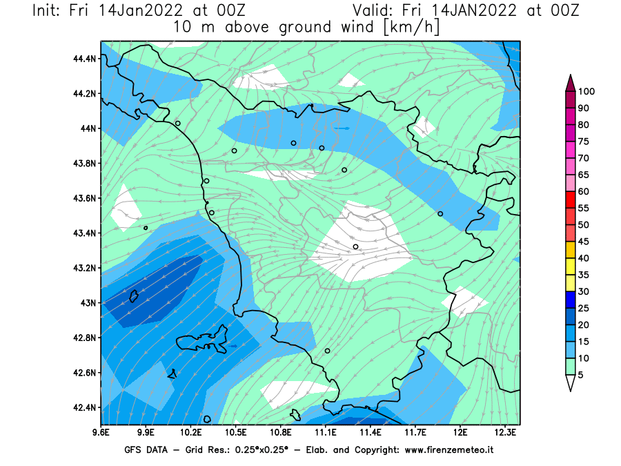Mappa di analisi GFS - Velocità del vento a 10 metri dal suolo [km/h] in Toscana
							del 14/01/2022 00 <!--googleoff: index-->UTC<!--googleon: index-->