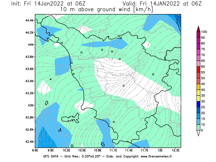 Mappa di analisi GFS - Velocità del vento a 10 metri dal suolo [km/h] in Toscana
							del 14/01/2022 06 <!--googleoff: index-->UTC<!--googleon: index-->