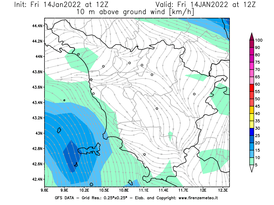 Mappa di analisi GFS - Velocità del vento a 10 metri dal suolo [km/h] in Toscana
							del 14/01/2022 12 <!--googleoff: index-->UTC<!--googleon: index-->