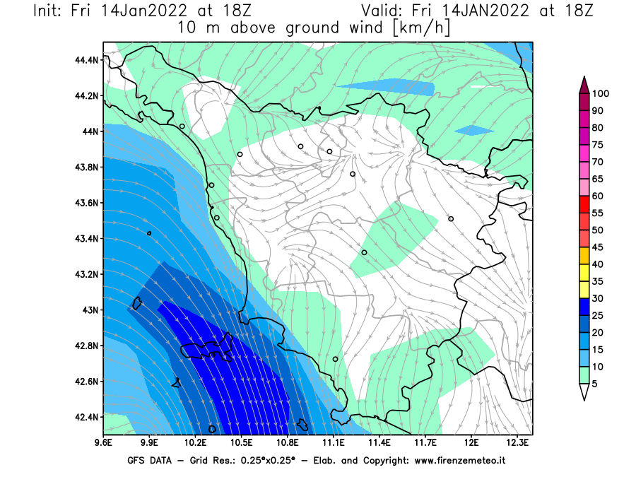 Mappa di analisi GFS - Velocità del vento a 10 metri dal suolo [km/h] in Toscana
							del 14/01/2022 18 <!--googleoff: index-->UTC<!--googleon: index-->