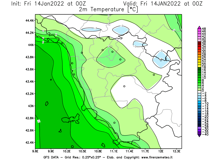 Mappa di analisi GFS - Temperatura a 2 metri dal suolo [°C] in Toscana
							del 14/01/2022 00 <!--googleoff: index-->UTC<!--googleon: index-->
