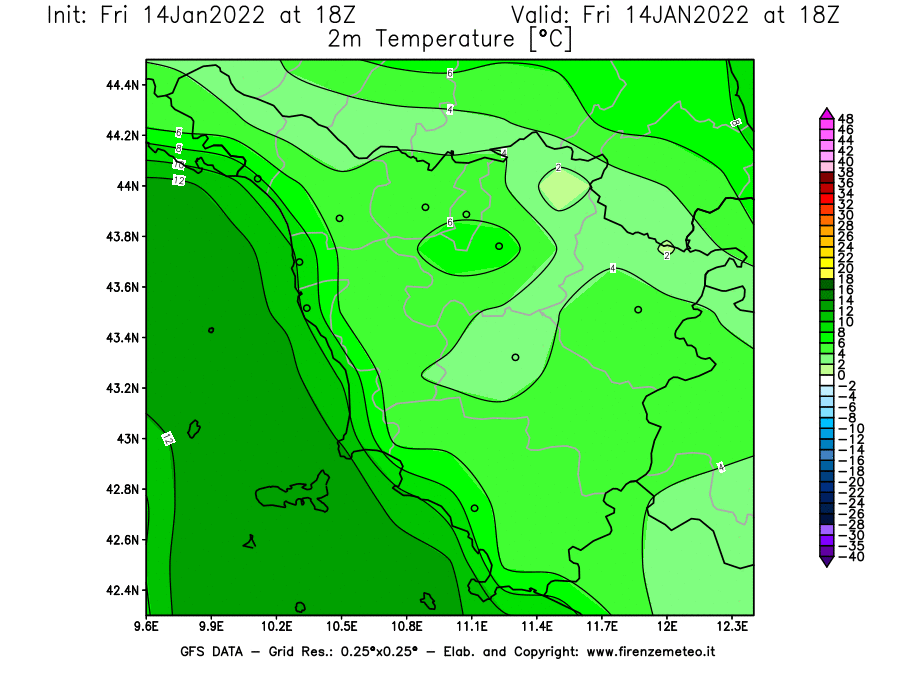 Mappa di analisi GFS - Temperatura a 2 metri dal suolo [°C] in Toscana
							del 14/01/2022 18 <!--googleoff: index-->UTC<!--googleon: index-->