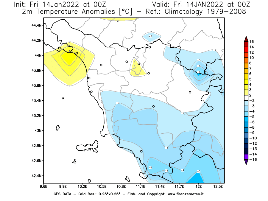 Mappa di analisi GFS - Anomalia Temperatura [°C] a 2 m in Toscana
							del 14/01/2022 00 <!--googleoff: index-->UTC<!--googleon: index-->