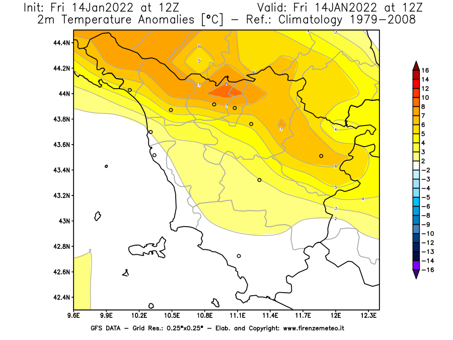 Mappa di analisi GFS - Anomalia Temperatura [°C] a 2 m in Toscana
							del 14/01/2022 12 <!--googleoff: index-->UTC<!--googleon: index-->