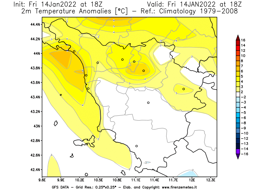 Mappa di analisi GFS - Anomalia Temperatura [°C] a 2 m in Toscana
							del 14/01/2022 18 <!--googleoff: index-->UTC<!--googleon: index-->