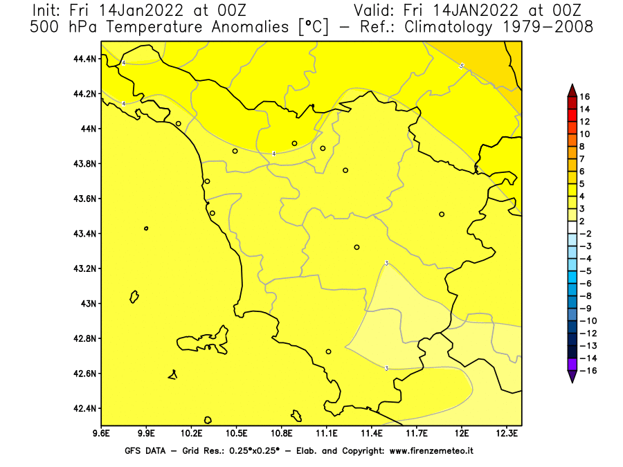 Mappa di analisi GFS - Anomalia Temperatura [°C] a 500 hPa in Toscana
							del 14/01/2022 00 <!--googleoff: index-->UTC<!--googleon: index-->