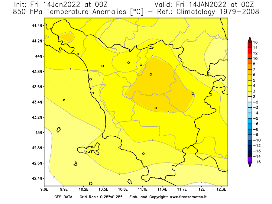 Mappa di analisi GFS - Anomalia Temperatura [°C] a 850 hPa in Toscana
							del 14/01/2022 00 <!--googleoff: index-->UTC<!--googleon: index-->
