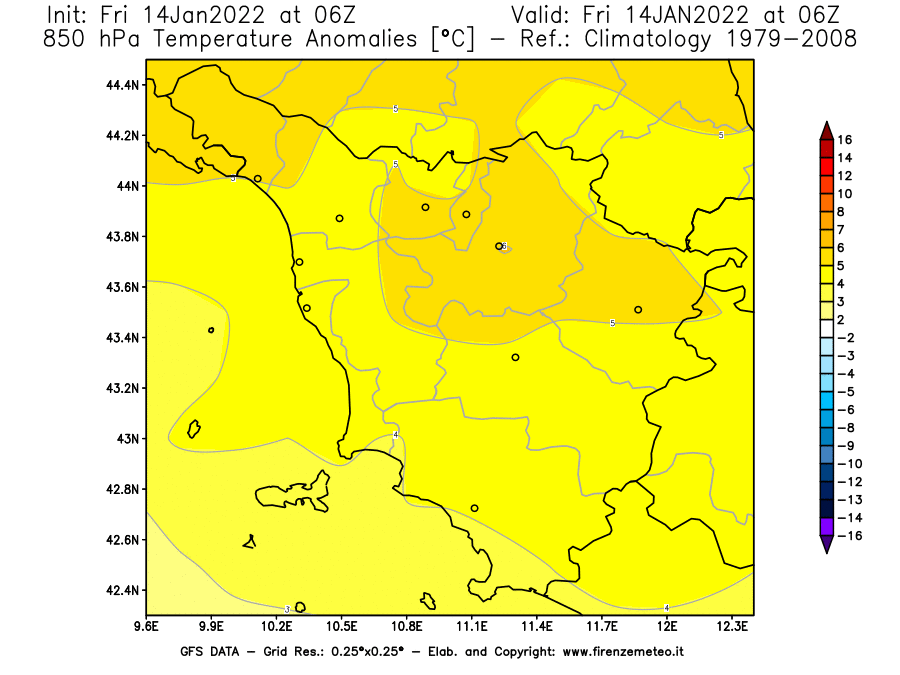 Mappa di analisi GFS - Anomalia Temperatura [°C] a 850 hPa in Toscana
							del 14/01/2022 06 <!--googleoff: index-->UTC<!--googleon: index-->
