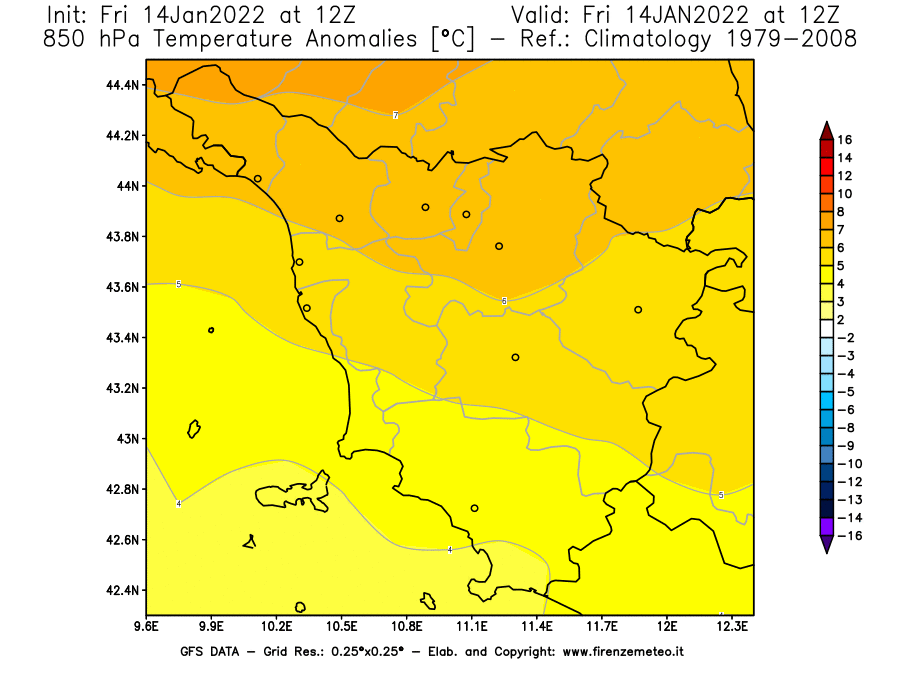 Mappa di analisi GFS - Anomalia Temperatura [°C] a 850 hPa in Toscana
							del 14/01/2022 12 <!--googleoff: index-->UTC<!--googleon: index-->