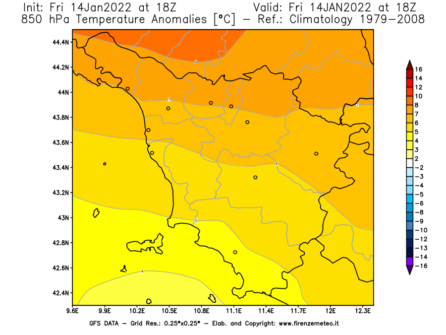 Mappa di analisi GFS - Anomalia Temperatura [°C] a 850 hPa in Toscana
							del 14/01/2022 18 <!--googleoff: index-->UTC<!--googleon: index-->