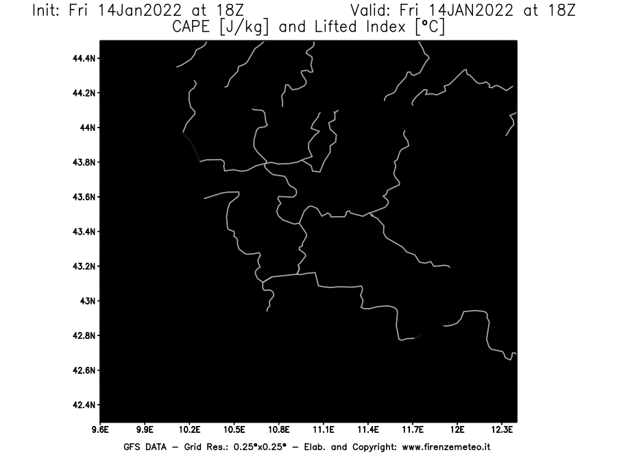 Mappa di analisi GFS - CAPE [J/kg] e Lifted Index [°C] in Toscana
							del 14/01/2022 18 <!--googleoff: index-->UTC<!--googleon: index-->