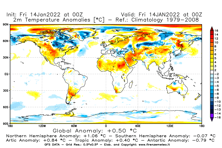 Mappa di analisi GFS - Anomalia Temperatura [°C] a 2 m in World
							del 14/01/2022 00 <!--googleoff: index-->UTC<!--googleon: index-->
