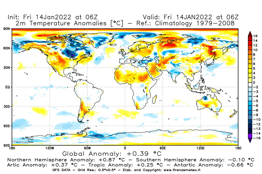 Mappa di analisi GFS - Anomalia Temperatura [°C] a 2 m in World
							del 14/01/2022 06 <!--googleoff: index-->UTC<!--googleon: index-->