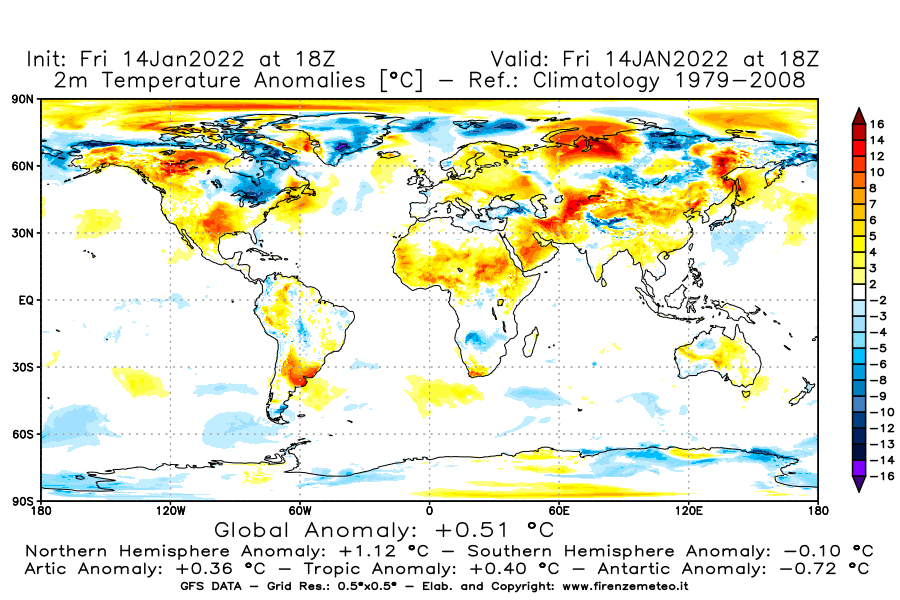 Mappa di analisi GFS - Anomalia Temperatura [°C] a 2 m in World
							del 14/01/2022 18 <!--googleoff: index-->UTC<!--googleon: index-->