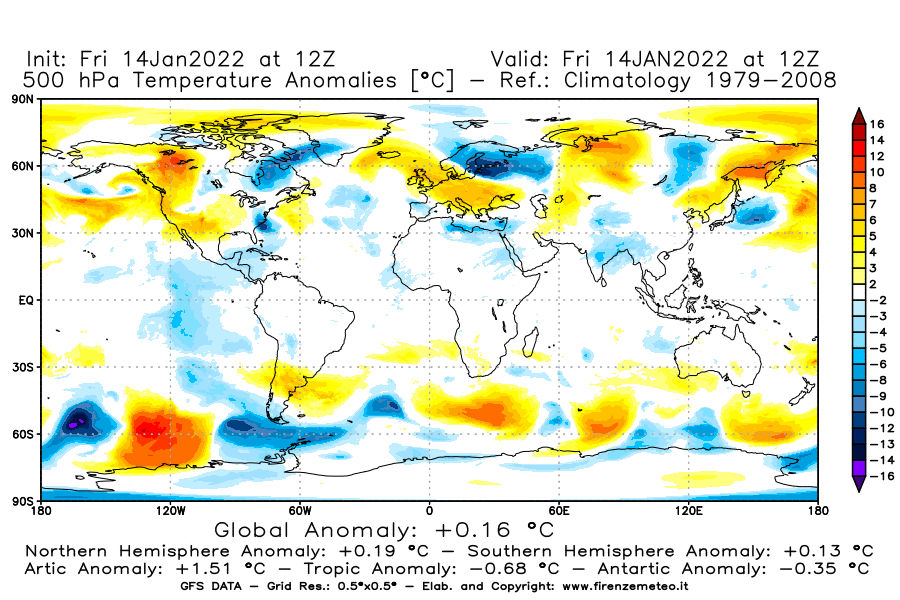Mappa di analisi GFS - Anomalia Temperatura [°C] a 500 hPa in World
							del 14/01/2022 12 <!--googleoff: index-->UTC<!--googleon: index-->