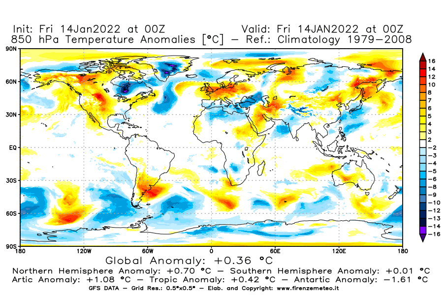 Mappa di analisi GFS - Anomalia Temperatura [°C] a 850 hPa in World
							del 14/01/2022 00 <!--googleoff: index-->UTC<!--googleon: index-->