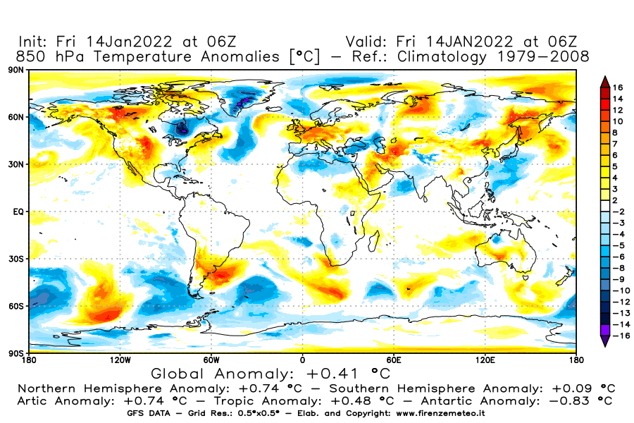Mappa di analisi GFS - Anomalia Temperatura [°C] a 850 hPa in World
							del 14/01/2022 06 <!--googleoff: index-->UTC<!--googleon: index-->