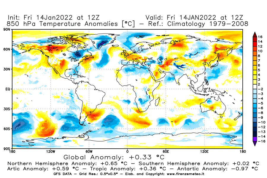 Mappa di analisi GFS - Anomalia Temperatura [°C] a 850 hPa in World
							del 14/01/2022 12 <!--googleoff: index-->UTC<!--googleon: index-->