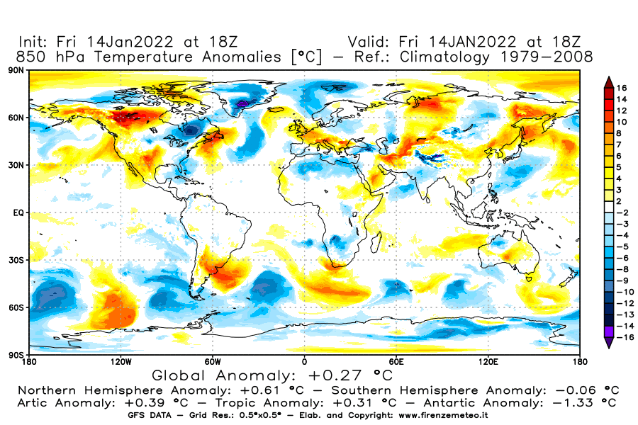 Mappa di analisi GFS - Anomalia Temperatura [°C] a 850 hPa in World
							del 14/01/2022 18 <!--googleoff: index-->UTC<!--googleon: index-->