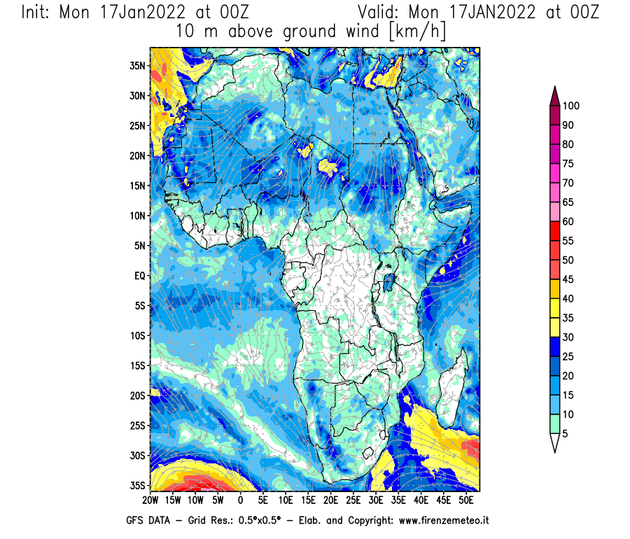 Mappa di analisi GFS - Velocità del vento a 10 metri dal suolo [km/h] in Africa
							del 17/01/2022 00 <!--googleoff: index-->UTC<!--googleon: index-->
