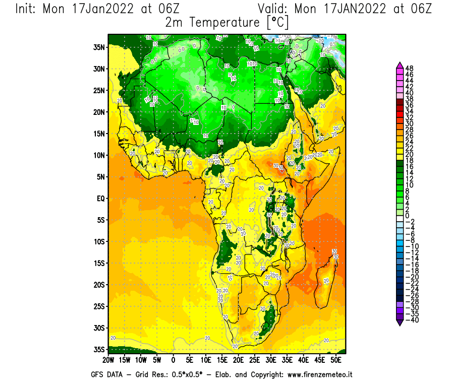 Mappa di analisi GFS - Temperatura a 2 metri dal suolo [°C] in Africa
							del 17/01/2022 06 <!--googleoff: index-->UTC<!--googleon: index-->