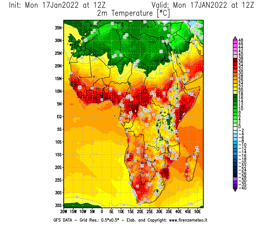 Mappa di analisi GFS - Temperatura a 2 metri dal suolo [°C] in Africa
							del 17/01/2022 12 <!--googleoff: index-->UTC<!--googleon: index-->