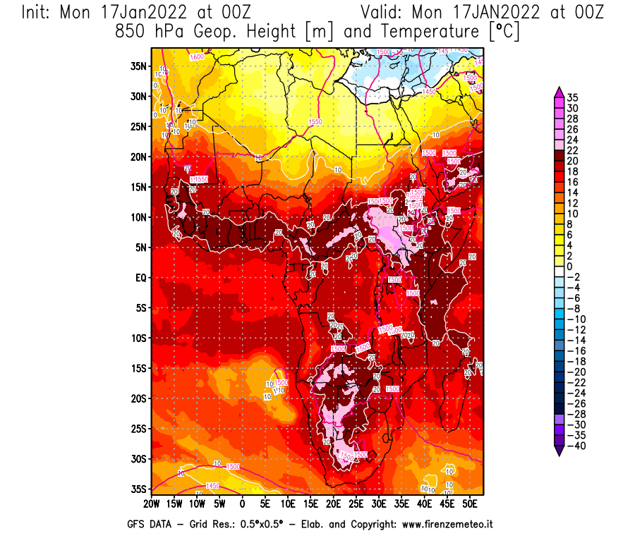 Mappa di analisi GFS - Geopotenziale [m] e Temperatura [°C] a 850 hPa in Africa
							del 17/01/2022 00 <!--googleoff: index-->UTC<!--googleon: index-->