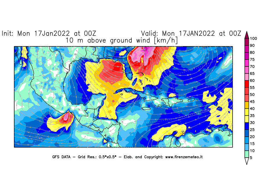 Mappa di analisi GFS - Velocità del vento a 10 metri dal suolo [km/h] in Centro-America
							del 17/01/2022 00 <!--googleoff: index-->UTC<!--googleon: index-->