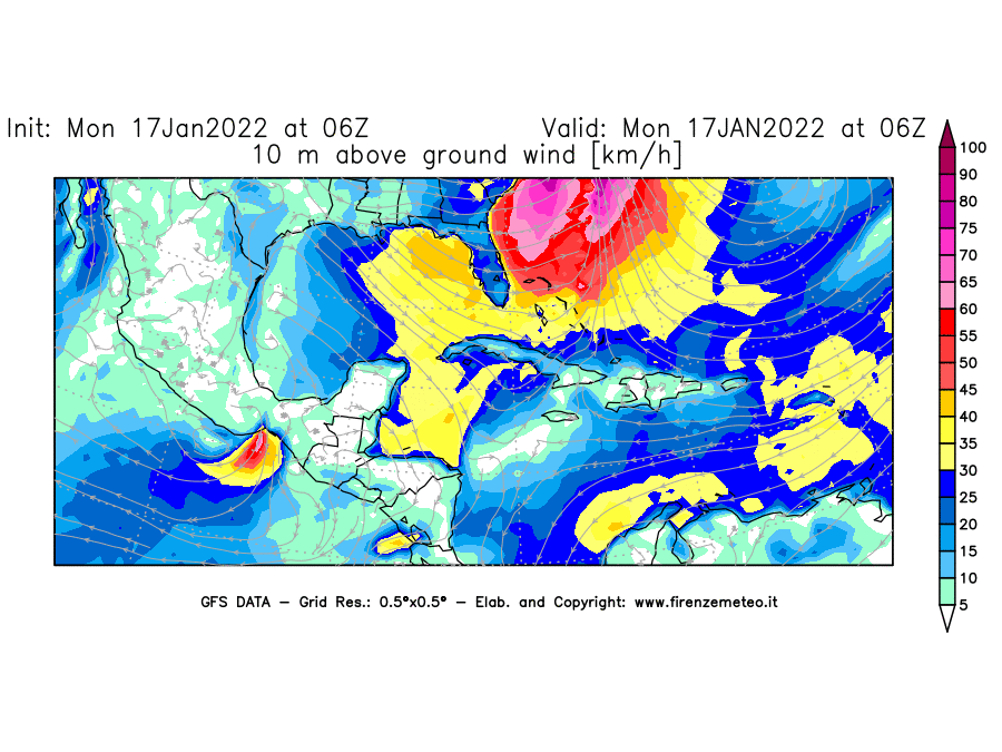 Mappa di analisi GFS - Velocità del vento a 10 metri dal suolo [km/h] in Centro-America
							del 17/01/2022 06 <!--googleoff: index-->UTC<!--googleon: index-->