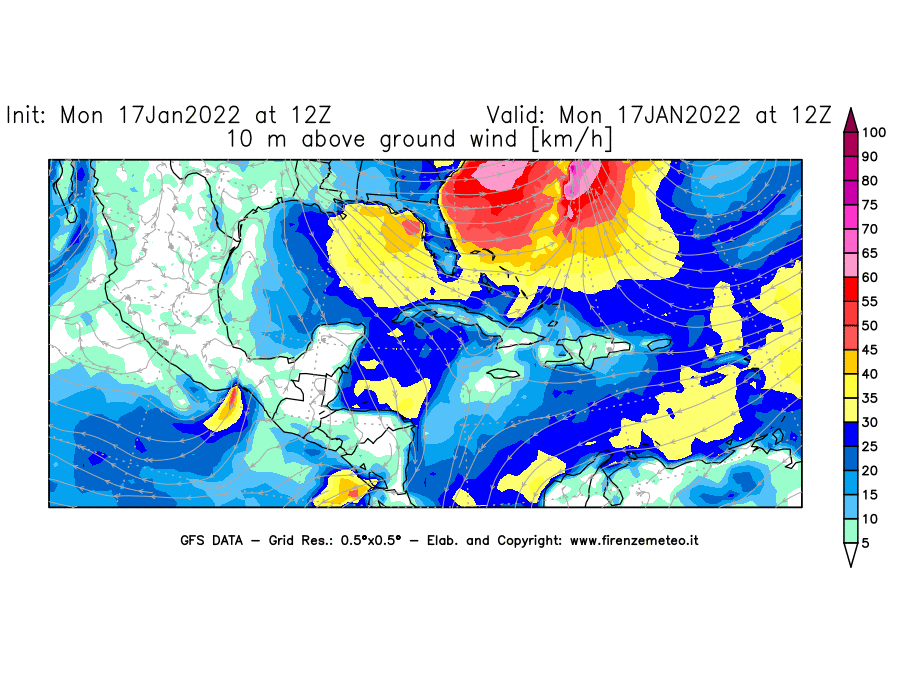 Mappa di analisi GFS - Velocità del vento a 10 metri dal suolo [km/h] in Centro-America
							del 17/01/2022 12 <!--googleoff: index-->UTC<!--googleon: index-->