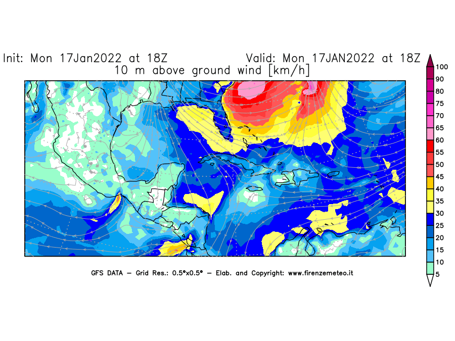 Mappa di analisi GFS - Velocità del vento a 10 metri dal suolo [km/h] in Centro-America
							del 17/01/2022 18 <!--googleoff: index-->UTC<!--googleon: index-->