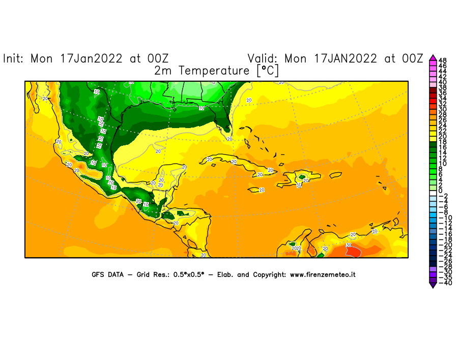 Mappa di analisi GFS - Temperatura a 2 metri dal suolo [°C] in Centro-America
							del 17/01/2022 00 <!--googleoff: index-->UTC<!--googleon: index-->